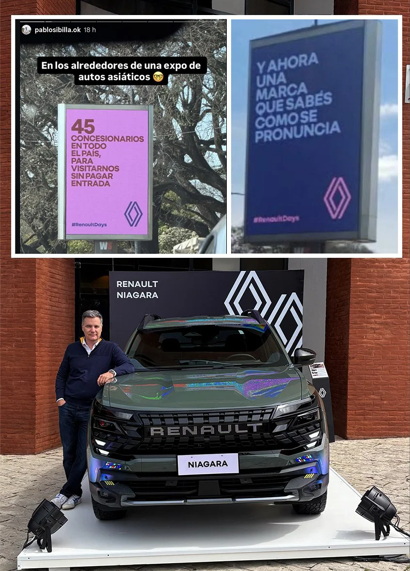 Carteles de Renault Days cerca de la Expo Auto Chino y Pablo Sibilla junto a la Renault Niagara