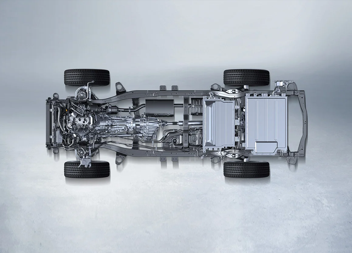 Chasis de largueros con la arquitectura híbrida Hi4-T de GWM, con el motor adelante y la batería atrás